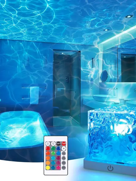 Rechargeable Shower Light No Wiring, 16 Color Changeable Ocean Wave Projector Light, Dimmable Waterproof Shower Lamp with Remote, Rotating Flame Water Ripple Lamp for Shower, Bathroom, Bedroom Decor