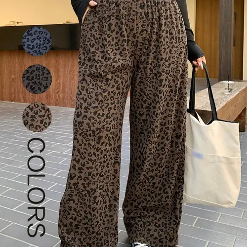 Plus Size Women's Elastic Waist Corduroy Leopard Print Loose Fit Baggy Oversized Pants, All Season Trousers, Coffee, All Seasons, Back-To-School, Casual Date Long Pants