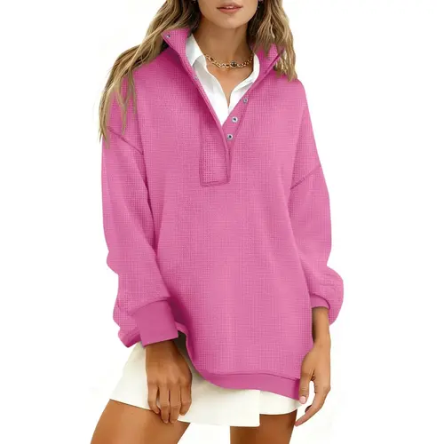 Fisoew Women's Cozy Waffle Knit Oversized Sweatshirt - Basic Style, Snap Button Stand Collar, Long Sleeve, Comfortable Fabric Pullover Top for Fall Travel, Work Outfits, Skinny Fit, Sweatshirts For Women, Cozy Fashion