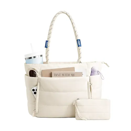 AAIVV 2-Piece Puffer Tote Bag Set for Women, Lightweight Laptop Shoulder Bag with Compartments for Travel, Work, Gym & Everyday Use, Usb Port, Expandable, Synthetic, Multi-Function, Back To School Haul, Sporty Chic
