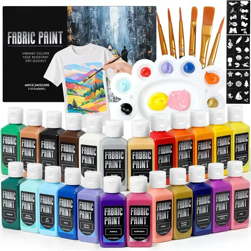 Fabric Paint Set - Permanent and Washer Safe, in Bottles (60ml/2oz), Non-Toxic Certified Fabric Paint with Brushes and Stencils, Textile Paint for Clothes, DIY Projects, Creative Gift for Christmas, Birthdays,Back to School, #tiktokshopsummersale