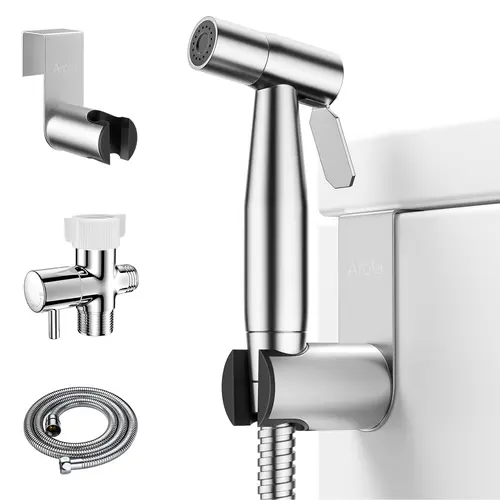 Handheld Stainless Steel Bidet Sprayer with Easy DIY No-Plumber Installation, Pressure Control, Brushed Nickel Finish for Baby Bath, Indoor Use, Personal Freshness & Toilet Cleaning