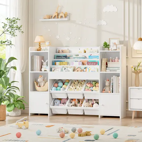 FOTOSOK Toy Storage Organizer with 6 Toy Bins, Toy Organizer Kids Bookshelf with 6 Cubbies, Multifunctional Floor Storage Chest for Playroom
