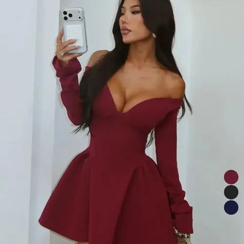 Women's Plain Off Shoulder A Line Dress - Feminine Elegant Formal Long Sleeve Outfit for Valentine's Day, Party, Wedding Guest & Holiday