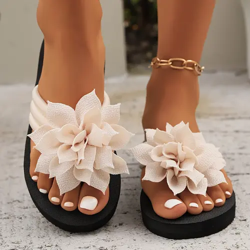Women's Floral Platform Sandals, Elegant Wedge Flip Flops with Cushioned Arch Support, Thick Bottom Summer Beach Walking Shoes, Flower