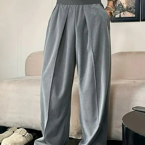 Men's Solid Color Pleated Loose Wide-Leg Dress Pants Relaxed Fit Draped Straight-Leg Trousers with Elastic Waistband & Slant Pockets for Commuting Business Travel All-Season Wear - Formal sohochic