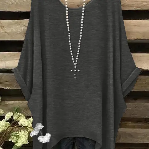 Women's Plus Size Basic Solid Color Round Neck Fitted Batwing T-Shirt, Minimalist Casual Fashion Top for Daily Wear, Comfortable and Stylish Women's Clothing, Womenswear for Spring