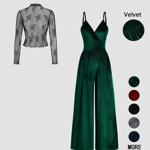 Lace Long Sleeve Top and Solid Color Strap High Waist Fitted Bottom Comfy Cozy Jumpsuit 2 Piece Set, Spring Stylish Chic Lady Women's Womenswear for Any Occasion, Elegant and Comfortable Fashion Wear