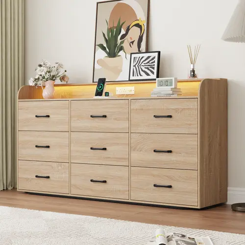 63-in Modern Wood Bedroom Dresser with 9/12 Drawer Compartments, Customizable LED Lighting, Convenient Power Outlets & USB Ports, Large Storage Cabinet Organizer for Bedroom,dorm essentials,home decor