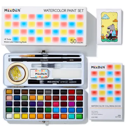MEEDEN Portable Travel Watercolor Paint Set - 50 Colors Art Supplies for Beginners with Brushes, Concertina Coloring Book, Cute School Supplies, Washi Tape, Pockets - Ideal Valentine’s Day Gift for Teenage Girls (Stockings-Included Accessory), Teen Girls,