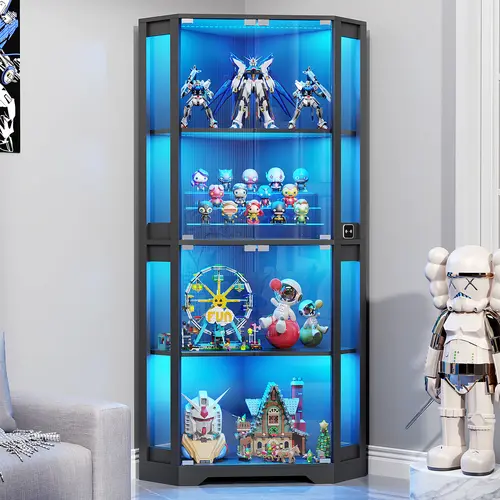 BROTTAR 65" Modern Storage Cabinet, LED-Lit Glass Door Display Case - 4-Tier Corner Freestanding Unit with 3-Color LED Lighting, Human Body Sensor, Large Storage for Living Room Collectibles/Toys, Black