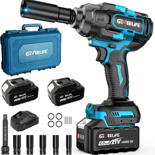 GEVEELIFE Brushless Pure Copper Motor Cordless Universal Impact Wrench Tool Kit, 1200NM 900FT-LBS High Torque Work Tool, 2x4.0Ah Batteries, Fast Charger, 3500RPM Max, 5 Sockets, 1 Extension Bar, No Sparks, Impact Wrench Ratchet for Automobiles