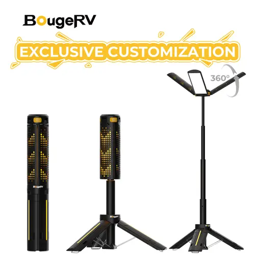 BougeRV 8000mAh Portable LED Camping Torch Light - 1800 Lumen Cordless Work Light with 3 Adjustable Heads, Dimmable Emergency Lighting, 3.4ft Telescopic Tripod, Adjustable Stand for Work Tasks, Outdoor Use