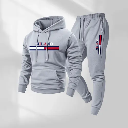 Men's MILANO Letter Pattern Print Hoodie and Drawstring Sweatpants Set, Menswear, Casual Athletic Long Sleeve Hooded Jacket & Trousers for Fall & Winter, Men's Clothing for Daily Wear, Sportswear Indoor Outdoor, Tracksuit, Athleisure
