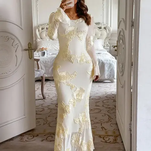 Elegant Floral Pattern Long Sleeve Slim Fit Bodycon Dress, Elegant Romantic Dress, Casual Fall Fashion, Women's Long Sleeve Dress, Stylish and Comfortable, Floral Design Dress