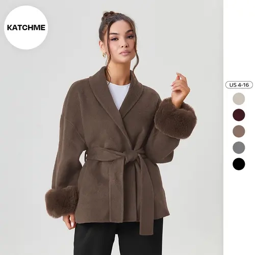 Katch Me Chic(US/CN)Women's Elegant Solid Color Waist Tie Fuzzy Cuff Wrap Coat, Cozy Plush Long Sleeve Thermal Coat, Casual Fall & Winter Outerwear Jacket