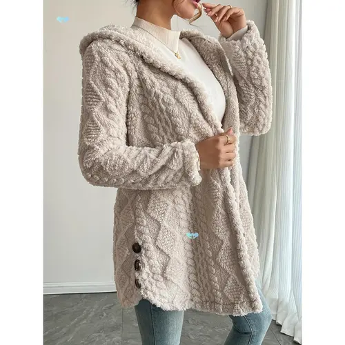 VVZ 2026 Women's Fall Winter Fuzzy Knit Hooded Cardigan, Oversized Button Front Long Sleeve Coat, Warm Casual Knitwear Outerwear for Daily Wear & School Activities