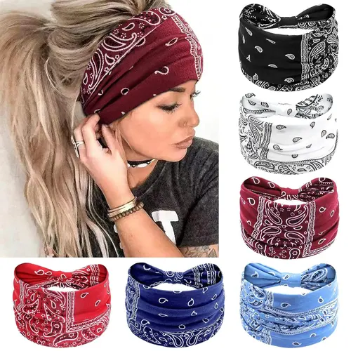 6-piece wide edge printed headband, Headband Set, yoga fitness workout running headband, 6-piece large retro vintage printed African headscarf, sports outfit super photogenic, Workout Headbands
