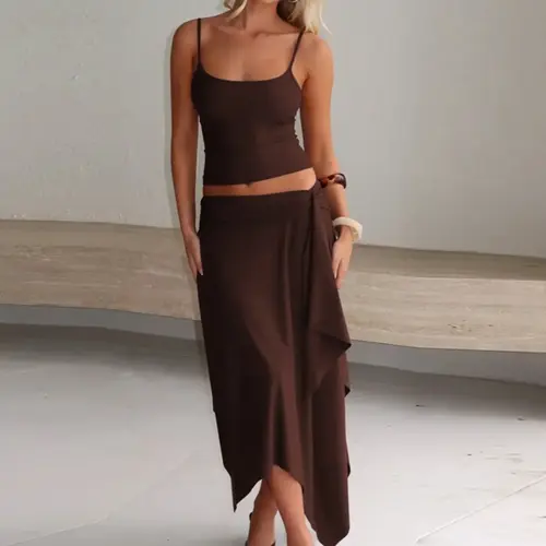 Women Summer Tank Tops Midi Skirt Basic Vacation Two Piece Set Outfit