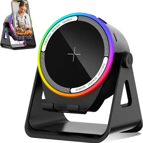 Wireless Induction Speaker, Multifunctional Bluetooth Phone Holder with RGB Light & 360° Rotation, HD Surround Sound, Compatible with iPhone/iPad/Android/Samsung akll ccr
