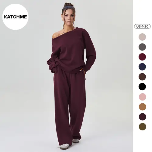 Katch Me Chic(US)Women's Leisure Solid Color Sloping Shoulder Long Sleeve Top & Wide Leg Trousers Co-ord, Cozy Scoop Neck Loose Two Piece Outfits, Basic Womenswear