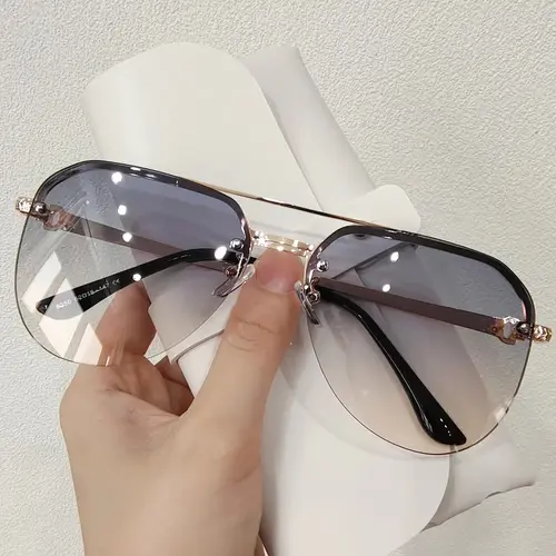 Women's Trendy Semi-Rimless Sunglasses, Classic Double-Beam Stainless Steel Frame, Lightweight UV400 Protective Shades for Driving, Trendy Styling Sunglasses, Uv Protective Sunglasses,travel essentials