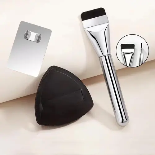 Lightweight Beauty Brush Kit - 2-in-1 Ultra Thin Blend Foundation & Professional Flat Powder Tool with Black Air Cushion Sponge for Flawless Face Makeup Application, Sponge Brush Face Brushes