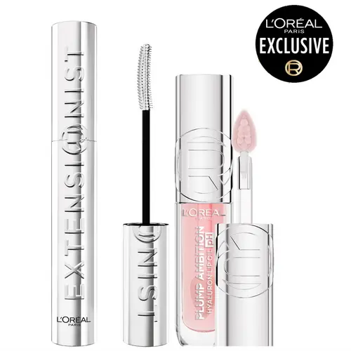 Extensionist Mascara & Plump Ambition pH Hyaluron Lip Oil Duo, L'oreal Paris