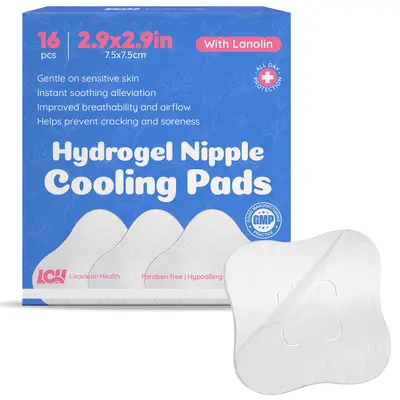 Livaclean Health Reusable Hydrogel Nursing Nipple Pads with Lanolin - 16 Pcs, 3x3in Fridge-Chill Cool, Instant Relief, Improved Breathability & Airflow Cutouts, Individually Wrapped, Cost-Effective & Reusable for Postpartum Sensitive Skin Moms, Removable