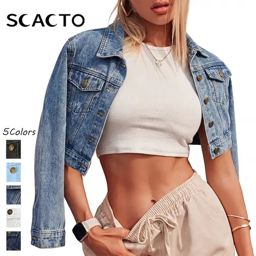 Scacto Summer Distressed Cropped Denim Jacket Women's Button Down Long Sleeve  Jacket with Pockets Fashionable Collared Neckline Spring Summer Casual Outerwear Womenswear Coats Asymmetrical Denim Jacket, Fringe, Lightweight, Tops, Holiday
