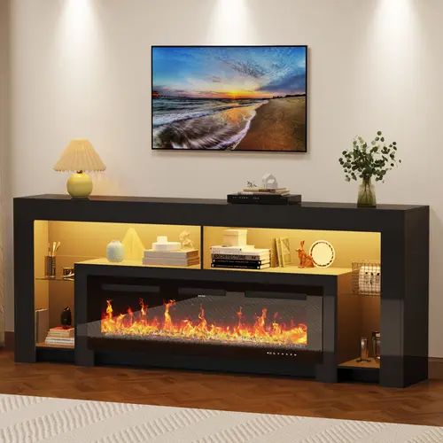 82" Sturdy Modern High-Gloss Wood TV Stand with Fireplace - 50" Fireplace, LED Lighting, Electronic Flame, Quick Setup TV Console Cabinet, Living Room Decor Furniture,dorm essentials,home decor