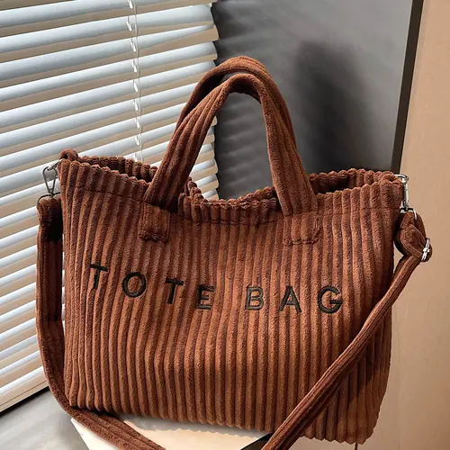 Retro Leisure Letter Embroidery Shoulder Tote Bag, Corduroy Ribbed Texture, Casual Top Handle & Crossbody Bag, Fashion Tote Bag, Fashionable Casual Bag, Fashion Bags, Suitable for Daily Commuting, Shopping Dating