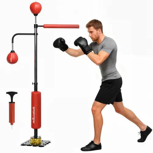 Soozier Gym Boxing Bag Stand with Speed Bag, Reaction Bar Challenge, Adjustable 55.1"-80.7" Reflex Training Equipment, Suction Cups, Shock-Absorbing System, Red