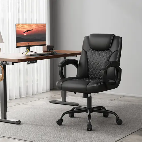 Office Chair, Executive Desk Chair, PU Leather Comfortable Executive Chairs with Fixed Armrest, Adjustable Height, Rocking Function, 360° Swivel Wheels, Black 0539 summergarden