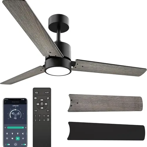 Ceiling Fans with Lights 52" Low Profile Indoor Ceiling Fan with Light and Remote/APP Control, Flush Mount, LED Dimmable DC Reversible Modern Ceiling Fan for Bedroom
