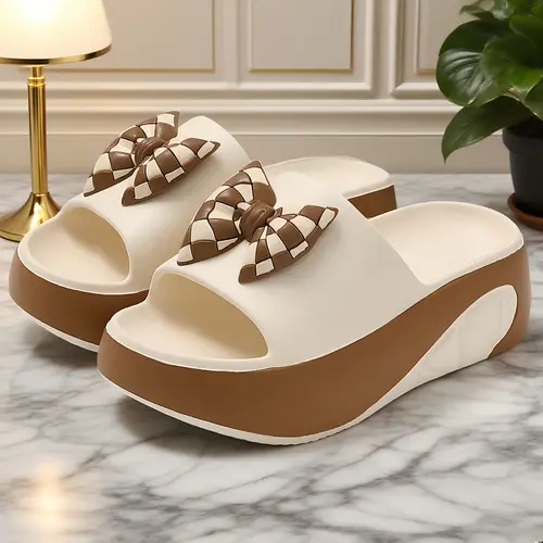 OFIREND Women's Summer Bow Open-Toe Slip-On Flat Sandals - Thick Cushioned EVA Sole, Breathable Fabric Upper, Lightweight Non-Slip Footwear with Cushioning, Walking Shoes for Beach, Casual Outings
