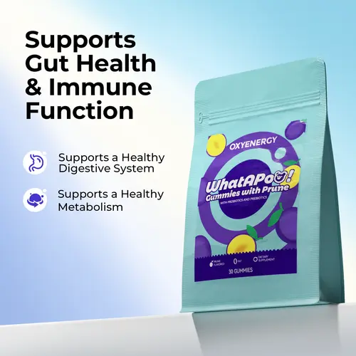OXYENERGY Whatapoo! Prune Concentrate Chewable Daily Supplement - 5-Strain Probiotic, Prebiotic, Fiber & Vitamin Gummies, Health & Nutrition Dietary Supplement, Chewable Supplement