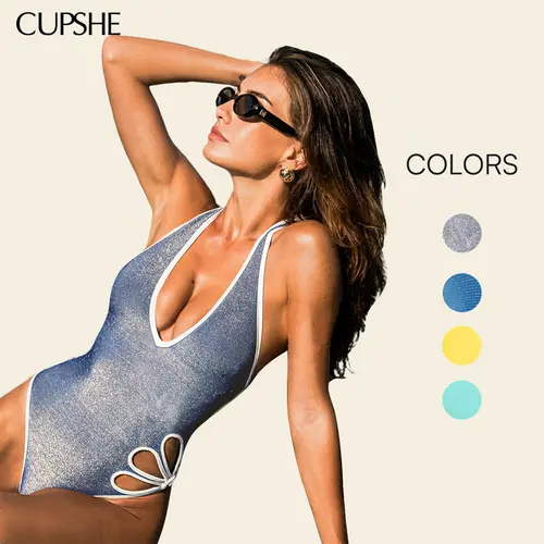 CUPSHE Shimmering Blue Plunging One-Piece - Petal Cutout Detail & Medium swimwear Bust Support | 2026 Metallic Glow Beach Outfits Swimsuit Swimoutfit Bathing suit #summerfinds