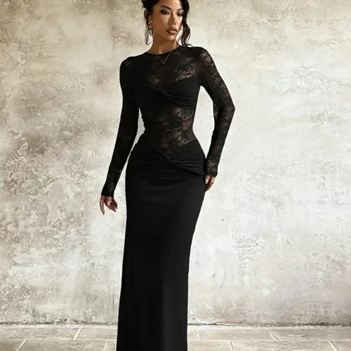 Women's Fall Winter New Long Sleeve Lace Material Dress, Elegant Chic Fashion Design, Elegant Draped Style, Perfect Slim Fit for Casual & Formal Occasions, Elegant Party Apparel, Dresses for Party, Stylish Women's Clothing, Womenswear, Formal wear