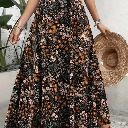Women's Casual Loose Chic Boho Bohemian Digital Floral Geometric Print Maxi Floral Printed Skirt Bottoms, Ladies' Fashionable Half-Sleeve Dress, Perfect for Daily Wear & Stylish
