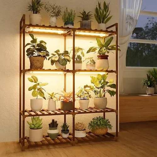 Bamworld 4-Tier Elevated Wooden Planter Tower - 570°F Carbonized Natural Eucalyptus Wood, Freestanding with Grow Lights, Upgraded Shelf, Large Compartments, Wide Pot Spacing (16 Pots Fit), Space Saving for Container Gardening (Ideal for DIY Enthusiasts)