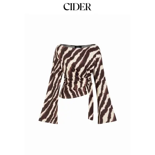 Cider Boat Neck Zebra Striped Belted Bell Sleeve Top