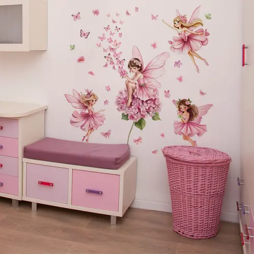 A set of 3 pieces (30*90cm*3pcs) pink butterfly fairy flower wall stickers for living room, bedroom, home background decoration, Cute Wall Decor, self-adhesive MS3301-YL Decorative wall sticker Wall Decal Butterfly Wall Decals