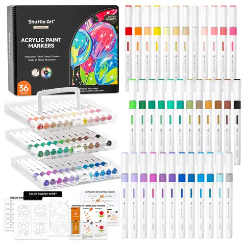 Shuttle Art-Automatic Ink Control Acrylic Paint Markers, 24/36/60/96 Colors Brush Tip Acrylic Paint Pens for Rock Painting, Ceramic, Wood, Canvas, Glass, Stone, Fabric, Card Making, DIY & Art Supplies modelpaintingmarkers,Pastel,Metallic,Storage Box