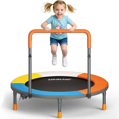 JOY SPOT! 3FT Toddler Trampoline with Adjustable Handlebar, 36" Foldable & Spring-Free, Mini Kids Indoor and Outdoor Fitness Trampoline, Noiseless Jumping Mat, Safe & Sturdy Design, Supports Up to 100 lbs  For Children Ages 1-6 Bounce sohochic, Toddler Re