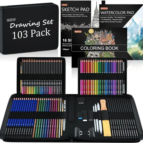Shuttle Art-103/116/124 Pack Drawing Pencils Set, Sketching and Drawing Art Set with Colored Pencils, Sketch and Graphite Pencils in Portable Case, Drawing Supplies for educational, Adults and Artists,coloring book,back to school,back to school haul