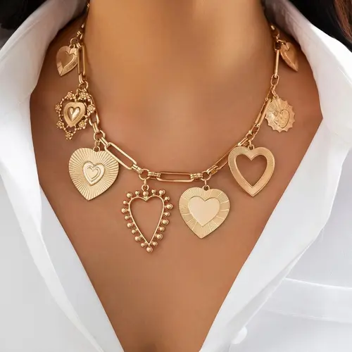 Women's Chunky Gold-Toned Heart Necklace - Vintage Statement Paperclip Chain with 8 Heart Charms, Stackable Bold Costume Jewelry, Gold Aesthetic Accessory for Anniversary