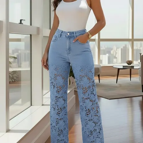 CHICME Women's Guipure Lace Spliced High-Waist Zipper Fly Wide-Leg Washed Denim Jeans - Lady's Basic Trouser Bottom