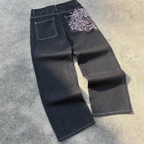 Men's Vintage Y2K Wide Leg Jeans with Cherry Blossom Embroidery, Stylish Loose-Fitting Streetwear, Perfect Valentine's Day Gift for Him