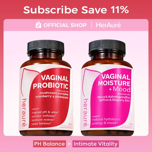 HerAuré Feminine Wellness Moist Edible Dietary Bundle - pH Balance, Odor Control, Stress Relief - 7B CFU Lactobacillus Acidophilus Probiotics, 7-in-1 Mushrooms, Prebiotic, Ashwagandha, Saffron, Maca, Slippery Elm, Sea Moss #sohochic